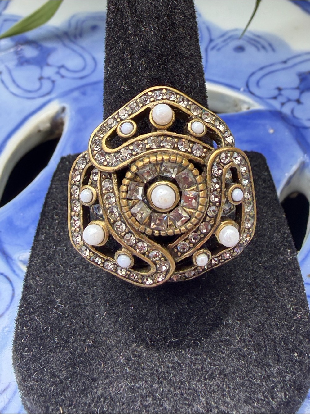 Heidi Daus Pearl and Swarovski Crystal Geometric Swirl Statement Ring. *Size 7.5